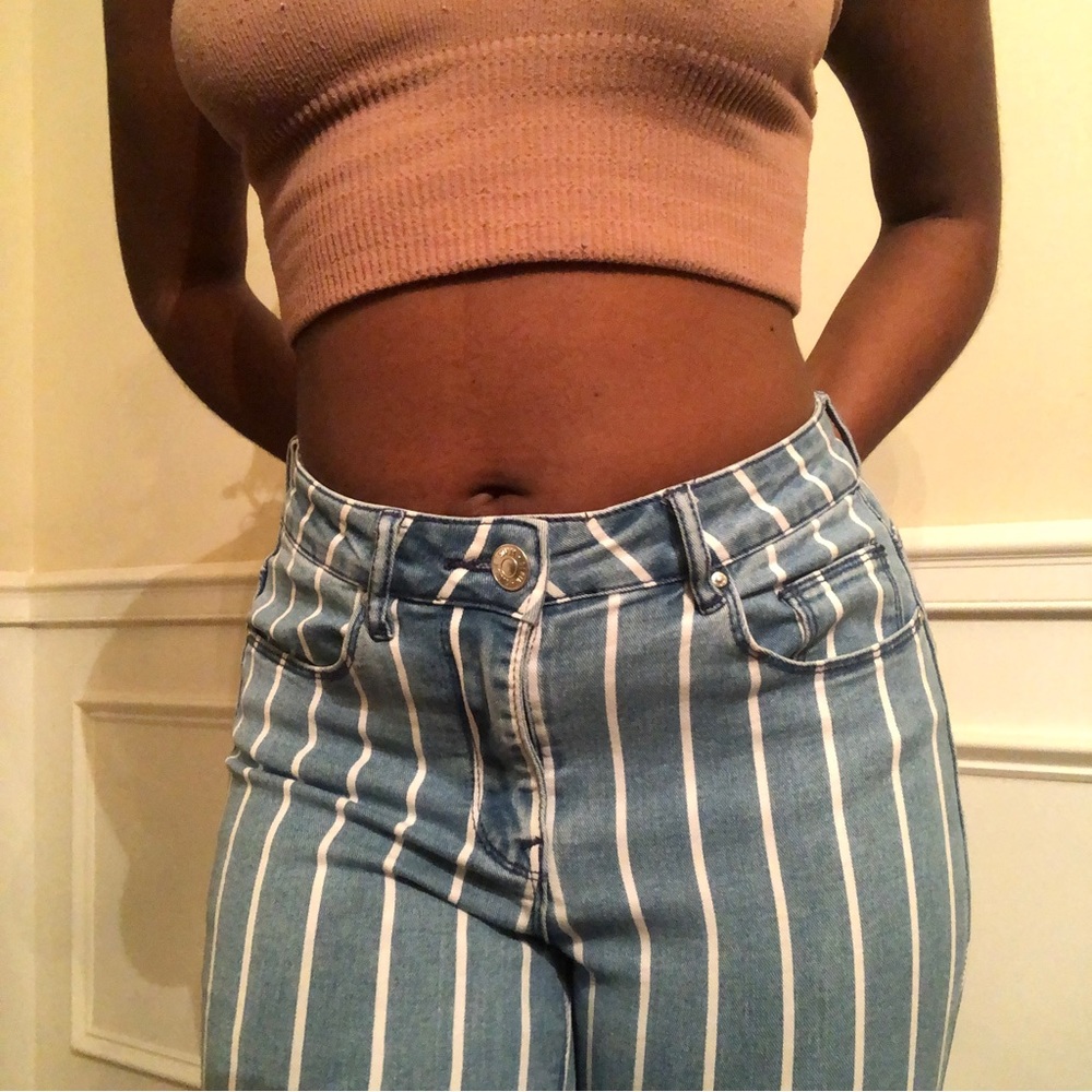 High rise almost famous white striped blue jeans